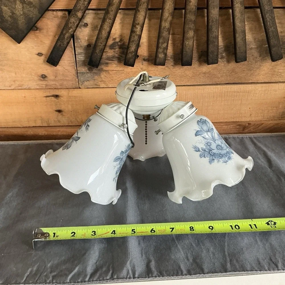 VTG White Milk Glass 3 Scalloped Shades For Ceiling Fan With Delft Flowers - Picture 6 of 7